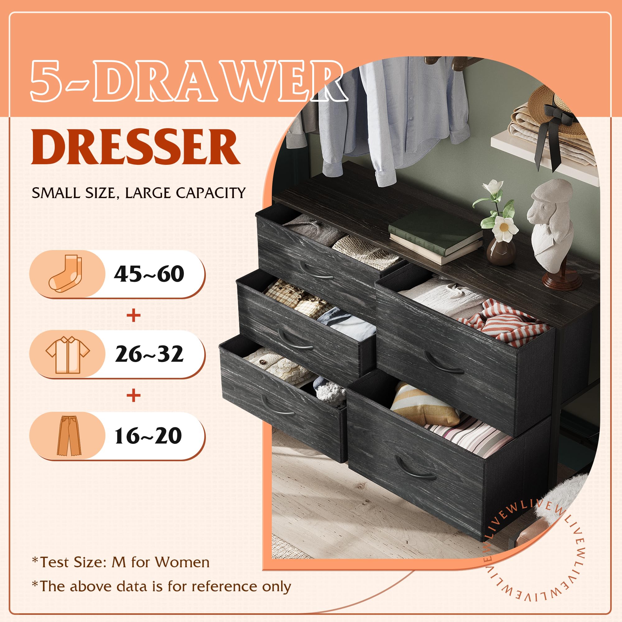 WLIVE Dresser for Bedroom with 5 Drawers, Wide Bedroom Dresser with Drawer Organizers, Chest of Drawers, Fabric Dresser for Living Room, Closet, Hallway, Charcoal Black Wood Grain Print