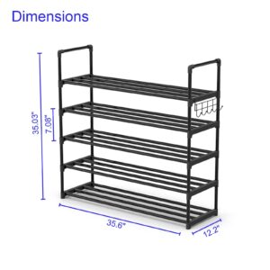 Hsscblet 5 Tiers Metal Shoe Rack,Adjustable Shoe Shelf Storage Organizer with Hooks,Stackable Boot & Shoe Storage,for Entryway,Hallway,Closet,Black