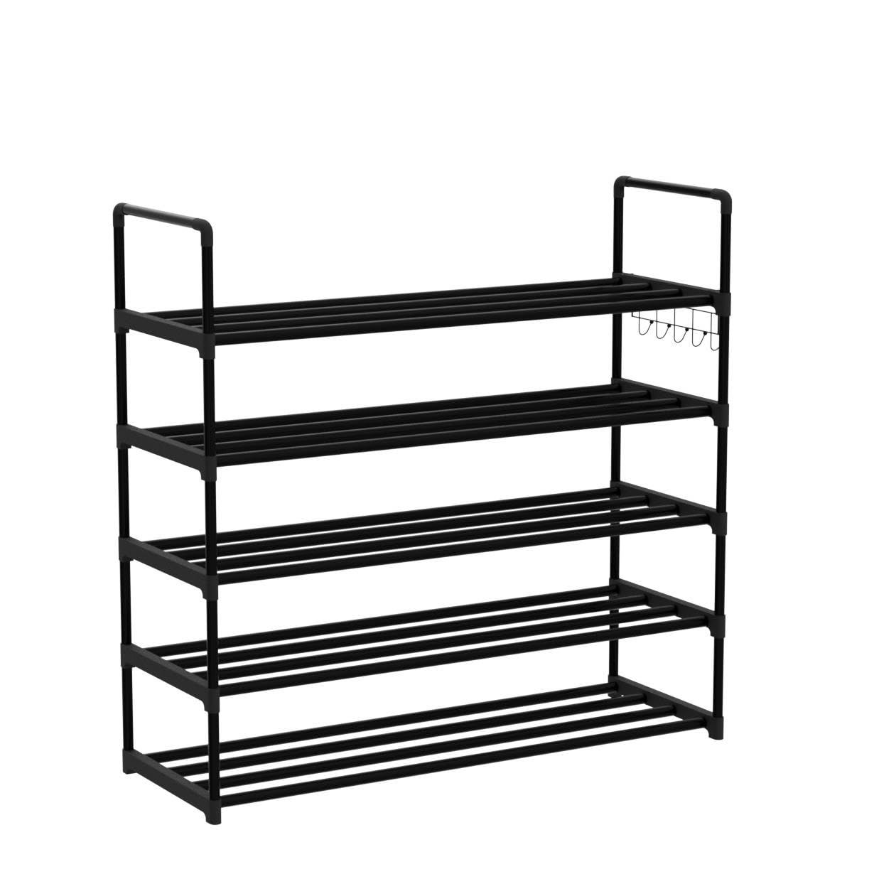 Hsscblet 5 Tiers Metal Shoe Rack,Adjustable Shoe Shelf Storage Organizer with Hooks,Stackable Boot & Shoe Storage,for Entryway,Hallway,Closet,Black