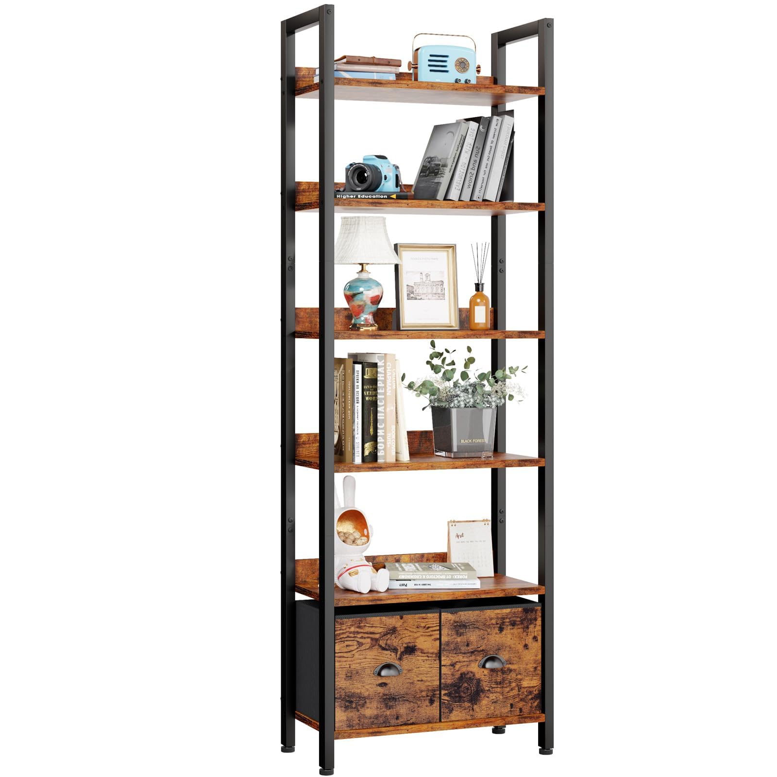 Furologee 6-Tier Bookshelf, Tall 71" Rustic Bookcase with 2 Drawers Storage Organizer, Industrial Display Free Standing Shelf Units, Wood and Metal Storage Rack for Home Office, Bedroom, Rustic Brown