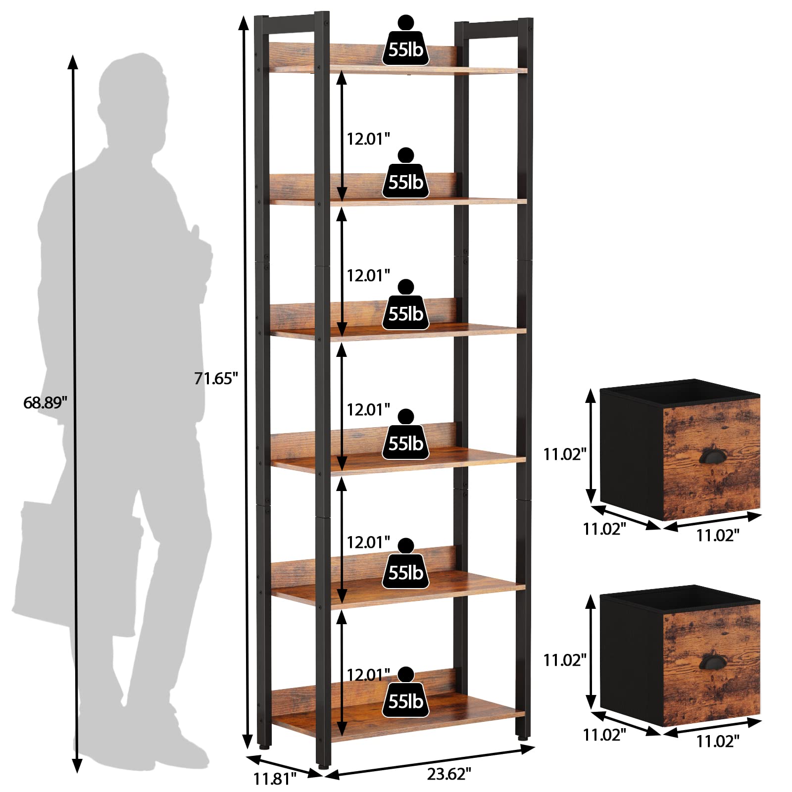 Furologee 6-Tier Bookshelf, Tall 71" Rustic Bookcase with 2 Drawers Storage Organizer, Industrial Display Free Standing Shelf Units, Wood and Metal Storage Rack for Home Office, Bedroom, Rustic Brown