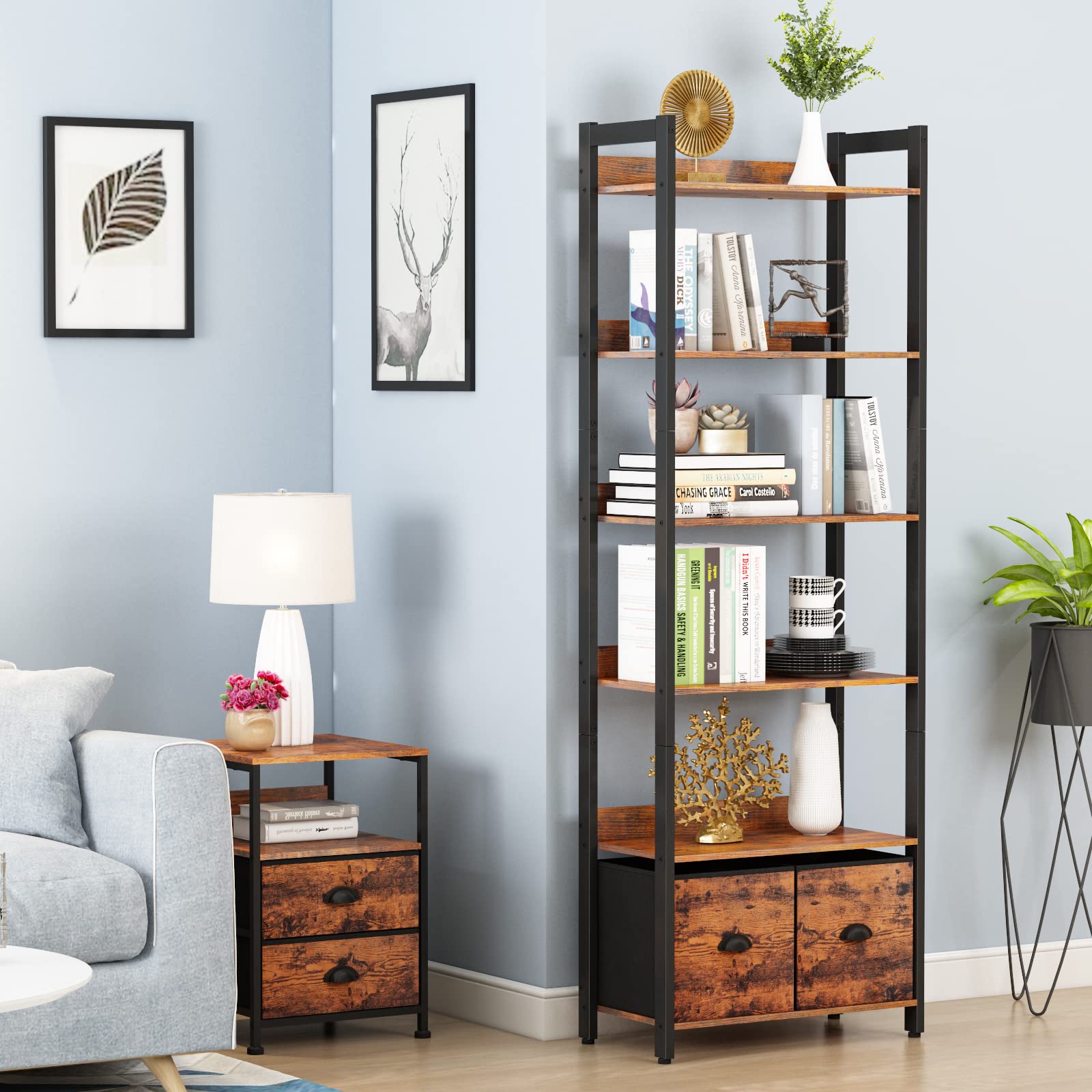 Furologee 6-Tier Bookshelf, Tall 71" Rustic Bookcase with 2 Drawers Storage Organizer, Industrial Display Free Standing Shelf Units, Wood and Metal Storage Rack for Home Office, Bedroom, Rustic Brown