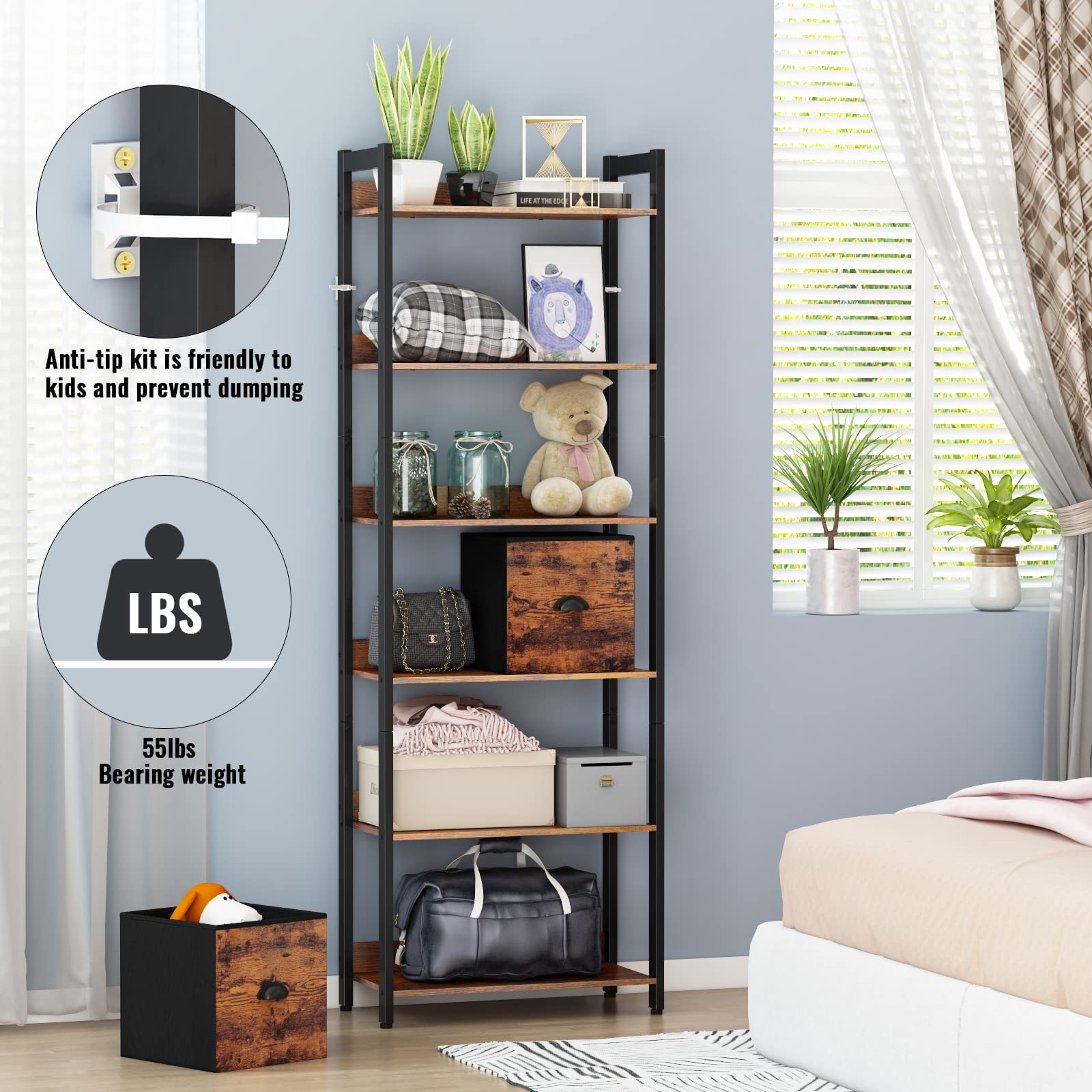 Furologee 6-Tier Bookshelf, Tall 71" Rustic Bookcase with 2 Drawers Storage Organizer, Industrial Display Free Standing Shelf Units, Wood and Metal Storage Rack for Home Office, Bedroom, Rustic Brown