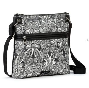 sakroots artist circle flat crossbody, black white soulful dove