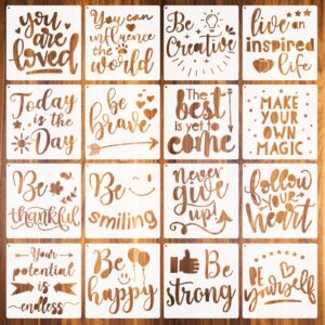 16 pieces stencils for painting inspirational word stencil kit motivational stencils reusable polyester film template stencils with open ring for painting on wood wall home decor(6.3 x 6.3 inches)