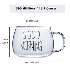 HOMEYES Glass Coffee Cups Clear Glasses Mug Tumbler for Drinking Beer Tea Water (Good Morning)