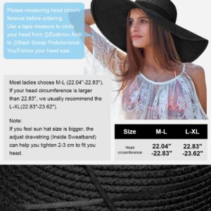 Womens Sun Hat UV Protection Wide Brim Beach Hat Floppy Foldable Roll-Up Straw Hats for Women UPF 50 Black