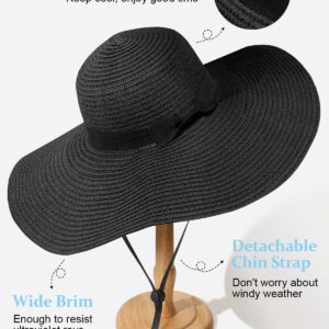 Womens Sun Hat UV Protection Wide Brim Beach Hat Floppy Foldable Roll-Up Straw Hats for Women UPF 50 Black