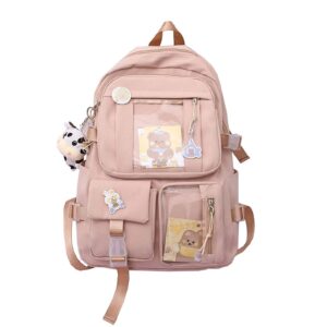 eagerrich cute backpack with cute pin accessories plush pendant for school bag student girl backpack super-capacity waterproof travel backpack(pink-2)