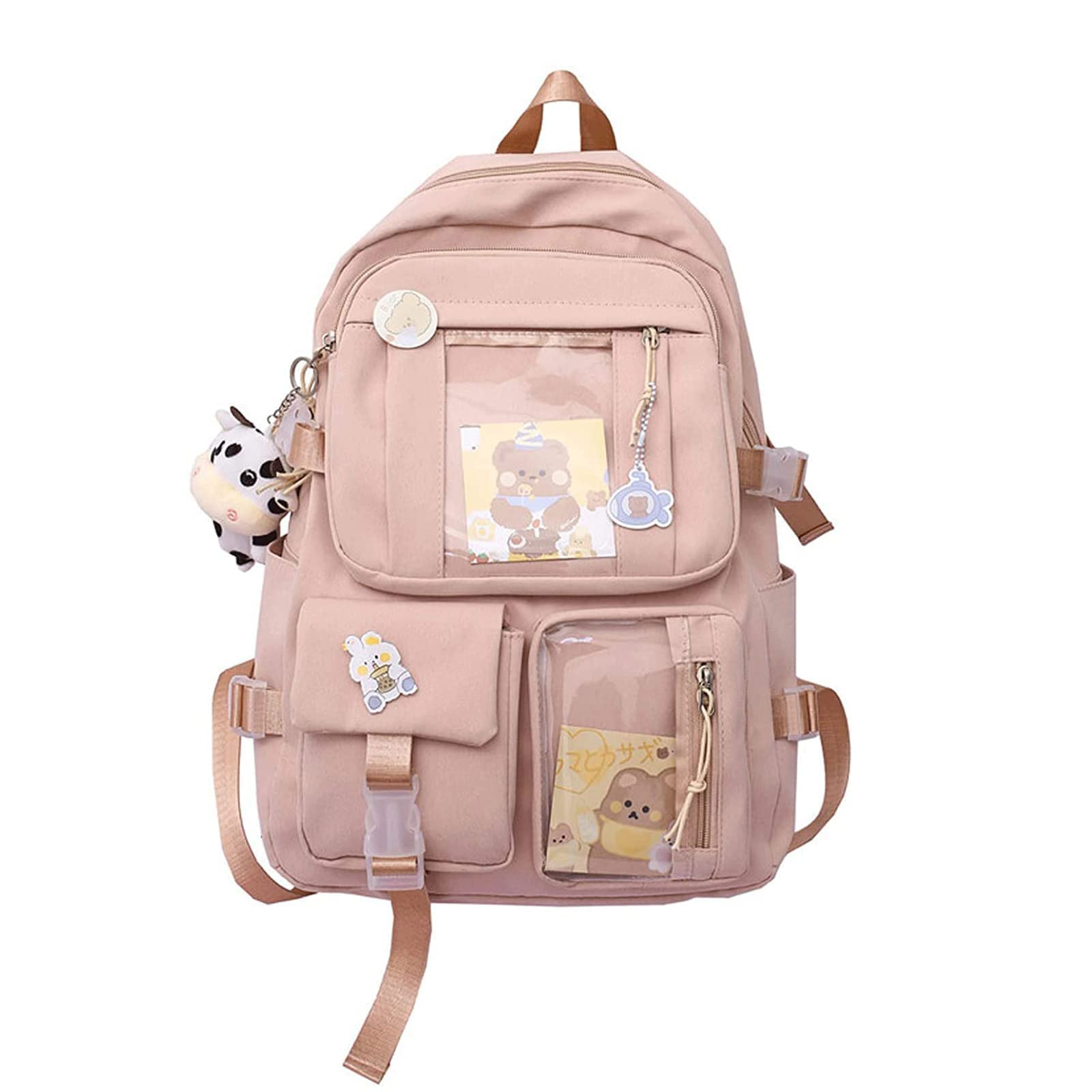 Eagerrich Cute Backpack with Cute Pin Accessories Plush Pendant for School Bag Student Girl Backpack Super-Capacity Waterproof Travel Backpack(Pink-2)