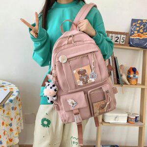 Eagerrich Cute Backpack with Cute Pin Accessories Plush Pendant for School Bag Student Girl Backpack Super-Capacity Waterproof Travel Backpack(Pink-2)