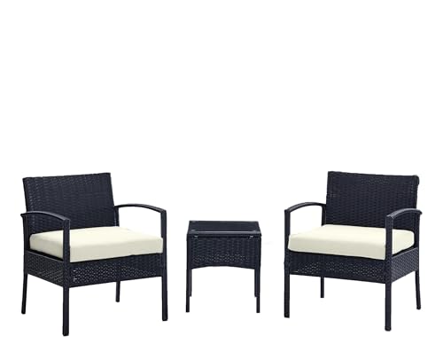 Manhattan Comfort Noli Steel Rattan 3-Piece Patio Conversation Set with Cushions, Cream