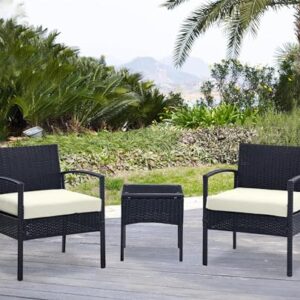 Manhattan Comfort Noli Steel Rattan 3-Piece Patio Conversation Set with Cushions, Cream