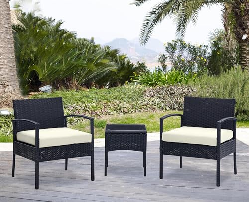 Manhattan Comfort Noli Steel Rattan 3-Piece Patio Conversation Set with Cushions, Cream