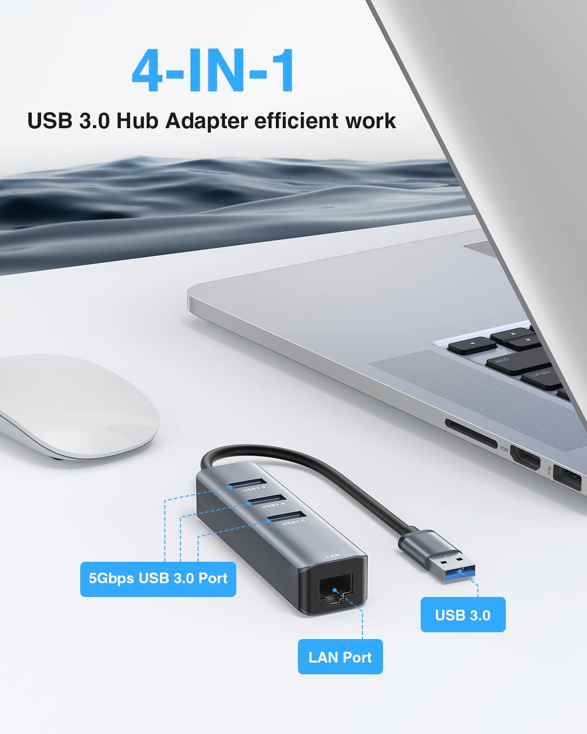 USB to Ethernet Adapter, cakitte RJ45 10/100/1000 Gigabit Ethernet Network Adapter with 3-Port USB 3.0, Compatible for MacBook pro/air, Hp/Dell/Surface pro and Other USB-A Laptop