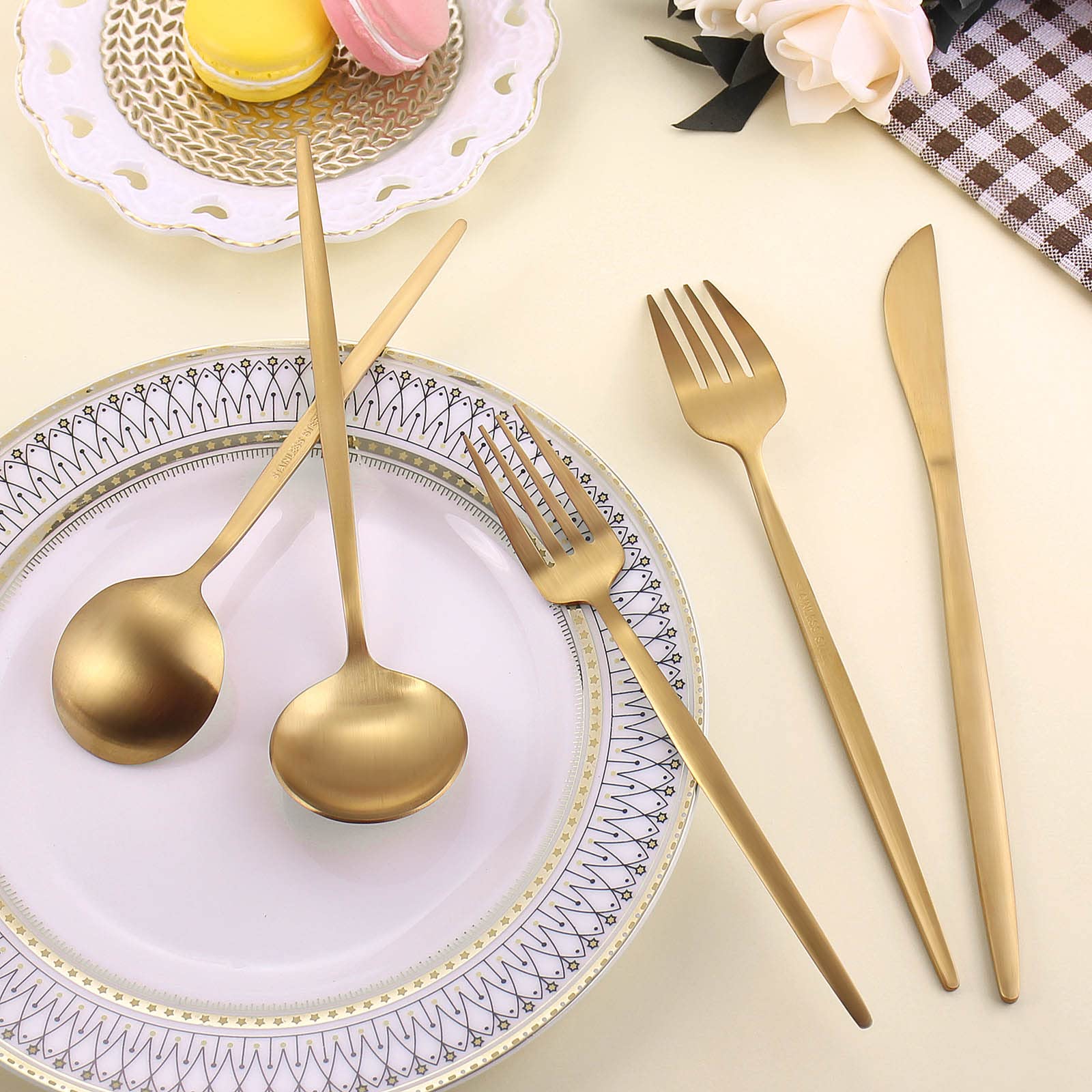 Matte Gold Silverware Set for 8, LAZAHOME Stainless Steel Flatware Cutlery Set, 40-Piece Kitchen Utensil Set Include Spoons And Forks Set, Satin Polished Finished, Dishwasher Safe.