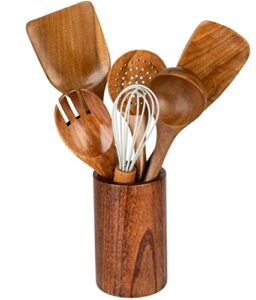 wooden utensils for cooking, 7pcs natural acacia wood kitchen utensils set with holder for cooking utensil set wooden spoons spurtle spatula for cooing non-stick pan