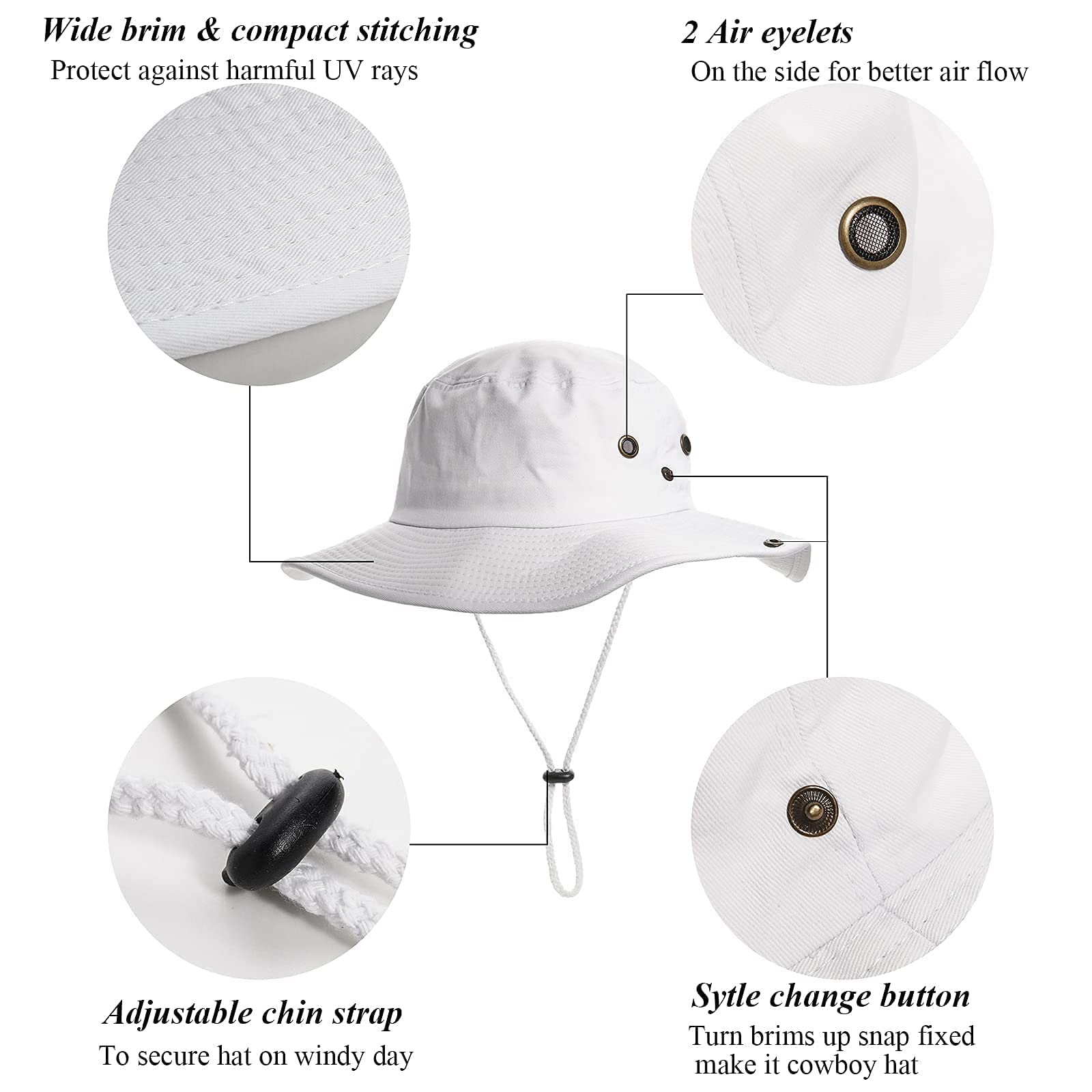 Men and Women Fishing Hat and Safari Cap Wide Brim Boonie Hat Bucket Hats with Sun Protection for Big Head XL White