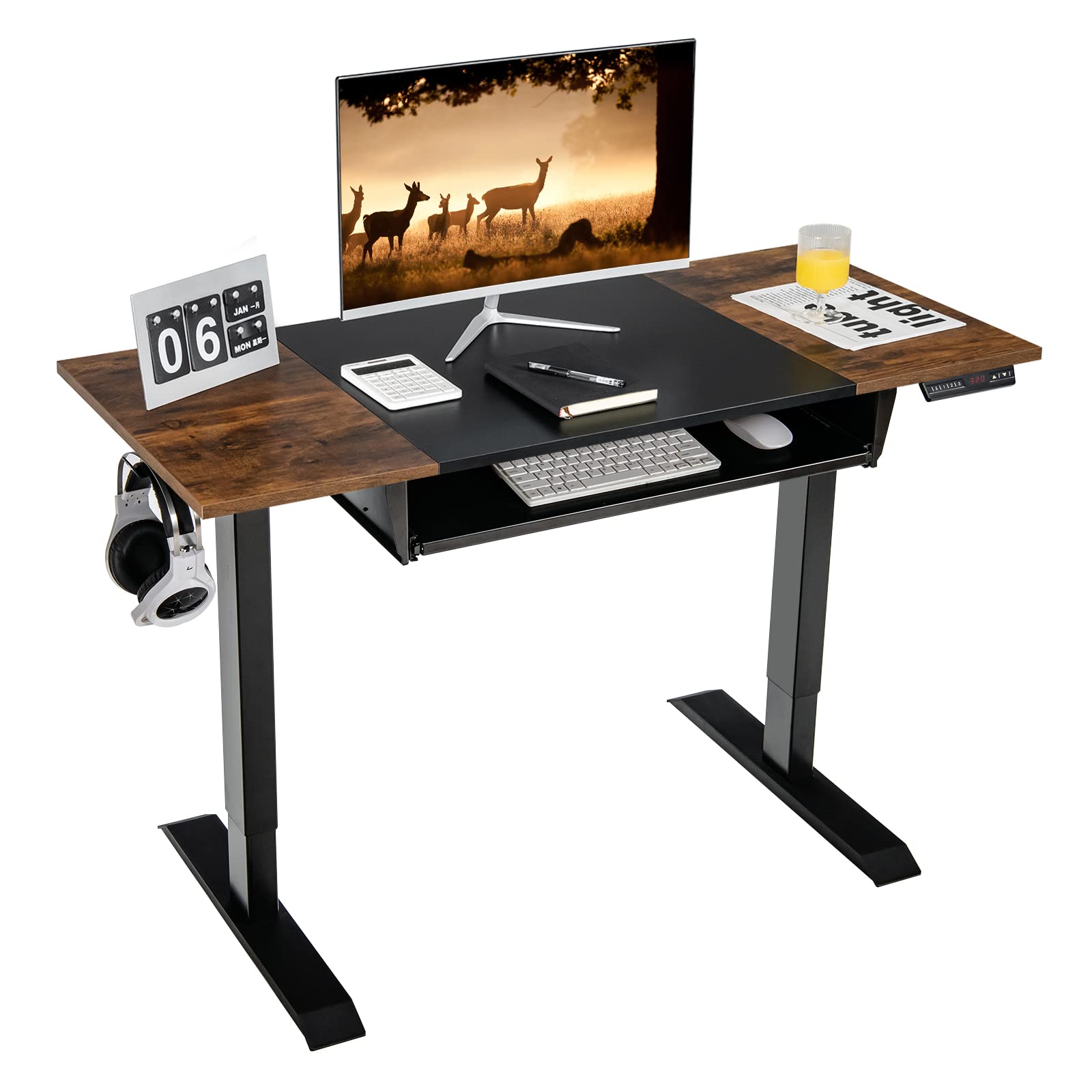 Tangkula Standing Desk with Keyboard Tray, Height Adjustable Electric Sit Stand Desk with Splice Board, Anti-Collision Technology & 2 Hooks, 48 x 24 Inch Stand Up Workstation for Home Office