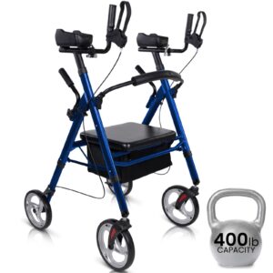 vive bariatric upright walker with seat - heavy duty senior stand up rollator, extra wide frame - padded armrest & backrest -mobility aid portable rolling walker with bag - fits tall & large people