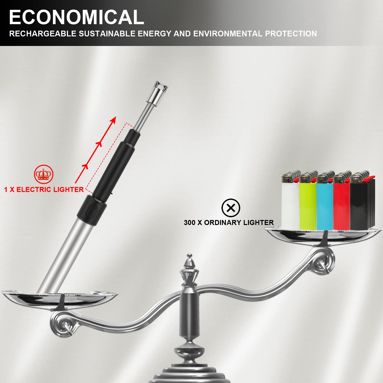 Electric Long Lighter, Retractable Length (11.4in-27.55in), Lgnition Port Can be Rotated 360°, Rechargeable via USB, lighters Suitable for Lighting Candles, barbecues, fireplaces, fire pits, etc.