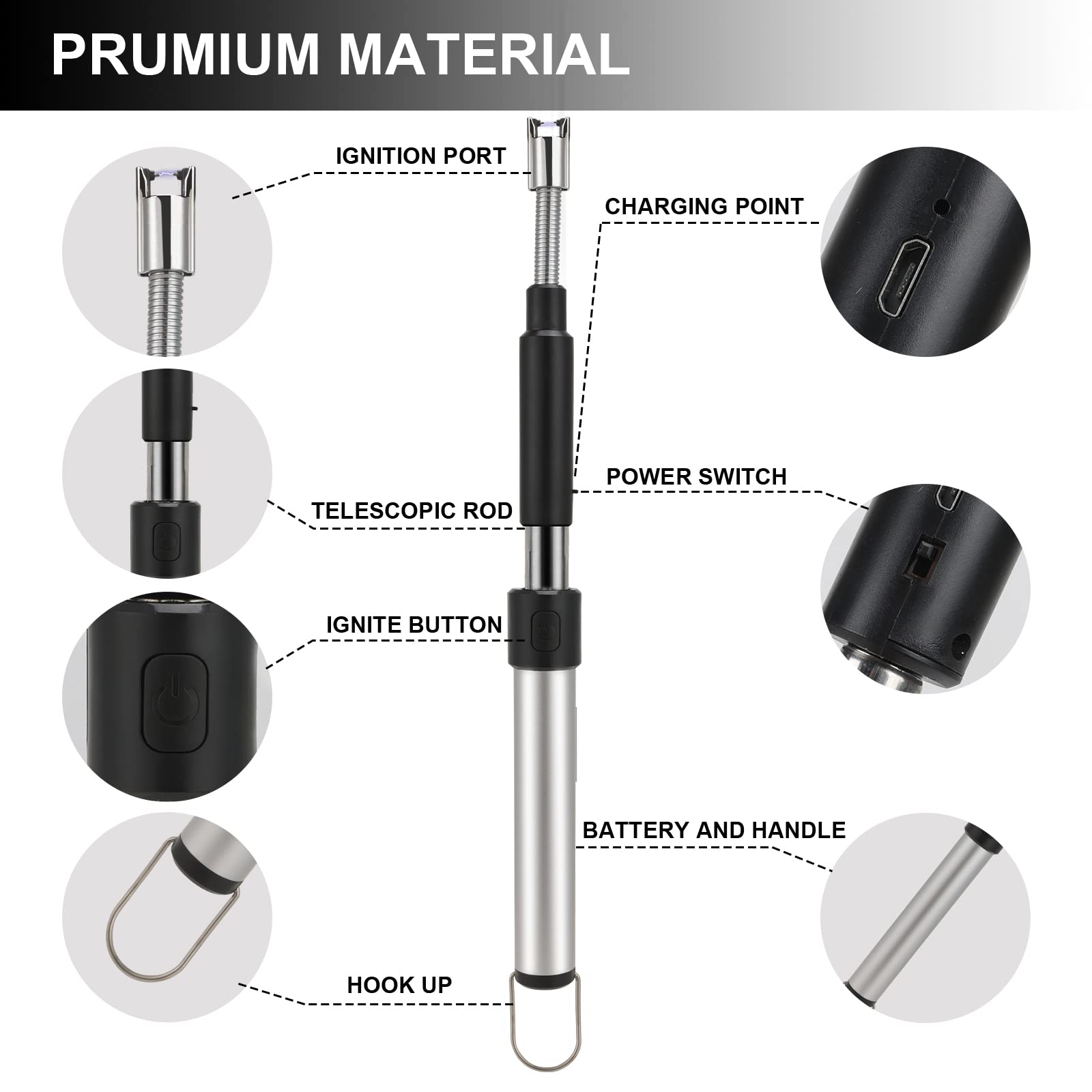 Electric Long Lighter, Retractable Length (11.4in-27.55in), Lgnition Port Can be Rotated 360°, Rechargeable via USB, lighters Suitable for Lighting Candles, barbecues, fireplaces, fire pits, etc.