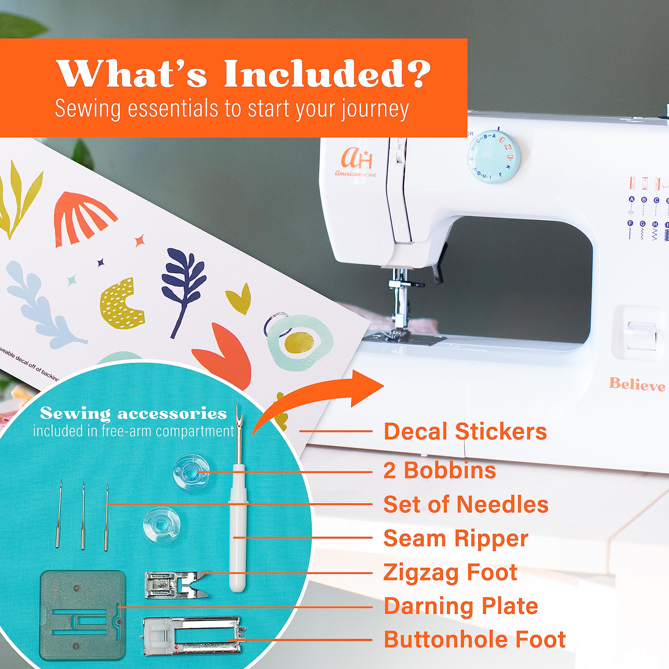 The Believe Beginner Sewing Machine by American Home Makes Sewing for Beginners Easy on Portable Small Sewing Machine with 12 Built-In Stitches, Automatic Stitch Control Plus Fun Decals, AH600