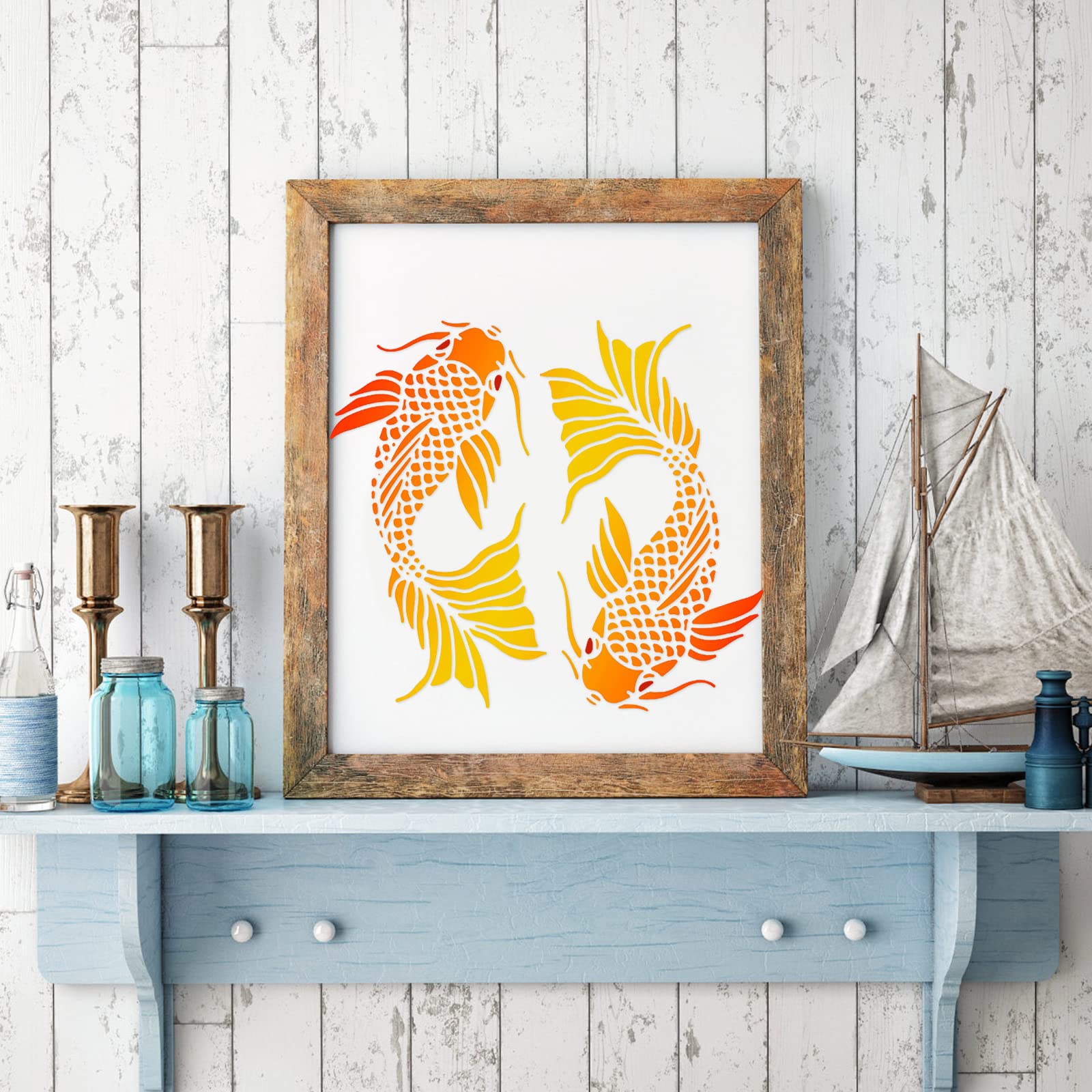 FINGERINSPIRE Koi Drawing Painting Stencils Templates (11.8x11.8inch) Plastic Koi Fish Stencils Decoration Square Carp Stencils for Painting on Wood, Floor, Wall and Fabric