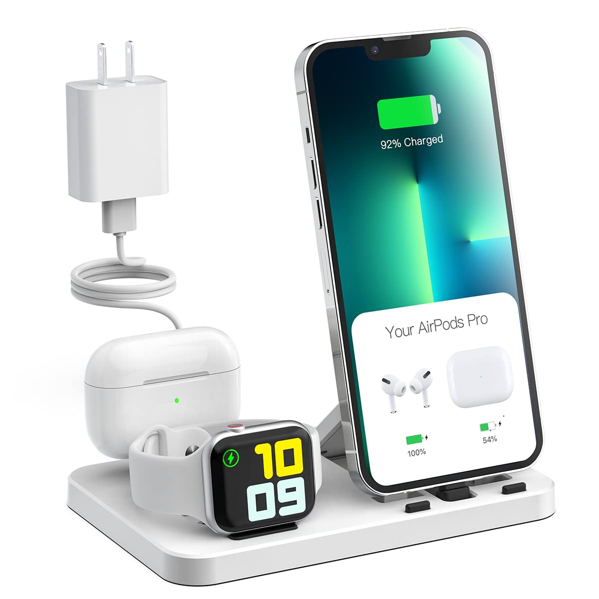 MODOCH 3 in 1 Charging Station for Apple Multiple Devices, Foldable and Portable Travel Charging Dock Compatible with iPhone Airpods Apple Watch Charger Stand with Adapter(White),Not Fit for USB-C