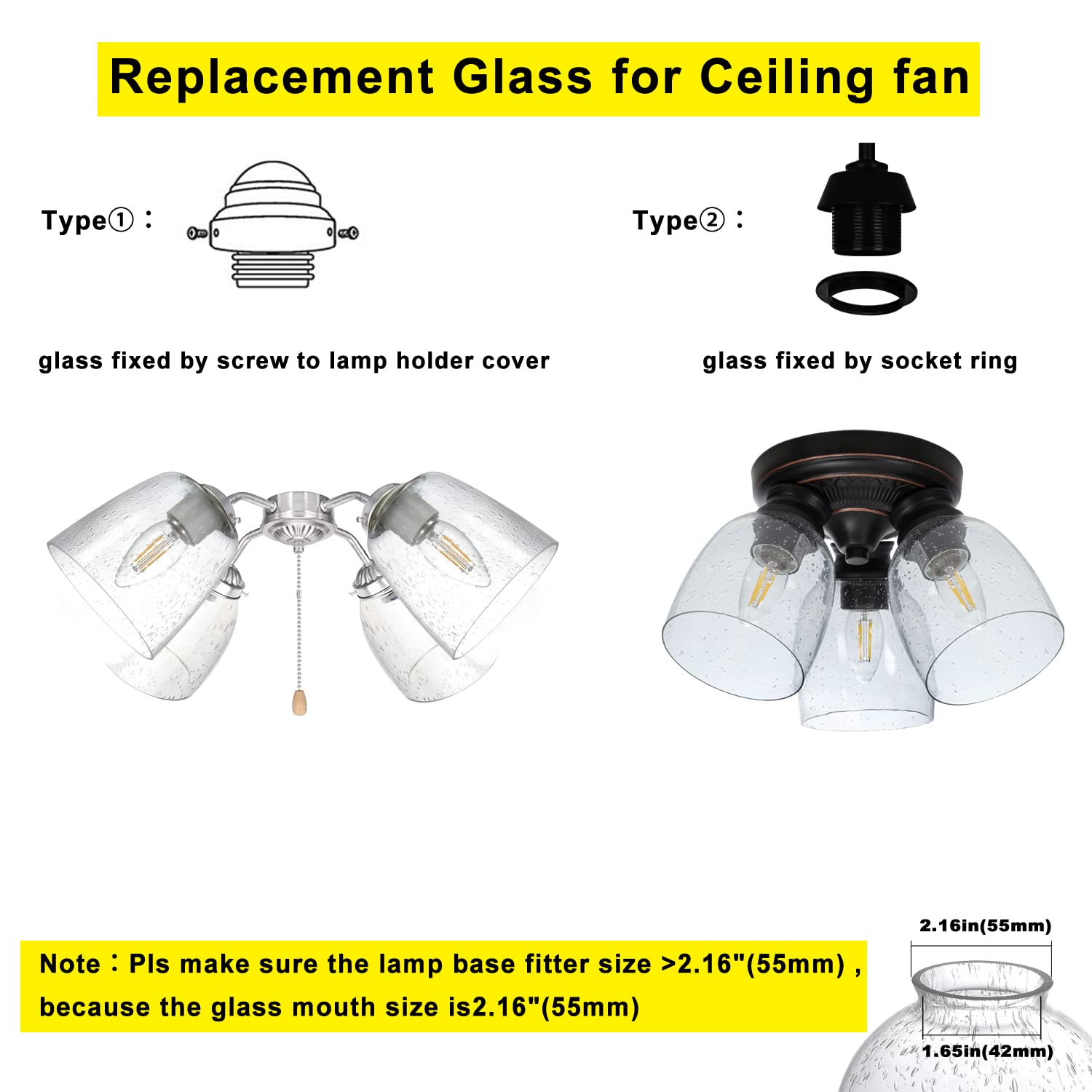 4 Pack Clear Seeded Glass Replacement Shades Covers for Ceiling Fan Light Fixtures Pendant Lighting Chandelier Vanity Light Kitchen Island Light, 2-1/8" Fitter, 5.47" High, 4.76" Diameter