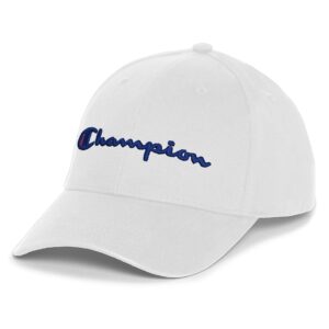 champion hat, classic cotton twill, baseball, adjustable leather strap cap for men, white 3d script, one size