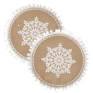 2 Pcs Boho Round Place Mats with Pompom Woven Jute Placemats Rustic Macrame Coasters for Dining Room Kitchen Table Decor Style 4