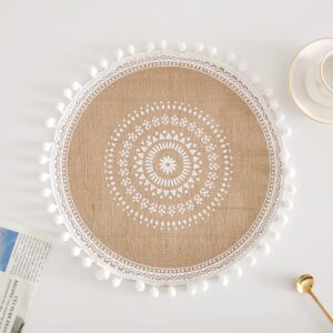 2 Pcs Boho Round Place Mats with Pompom Woven Jute Placemats Rustic Macrame Coasters for Dining Room Kitchen Table Decor Style 4