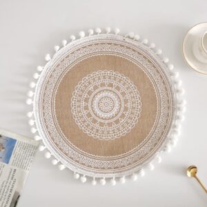 2 Pcs Boho Round Place Mats with Pompom Woven Jute Placemats Rustic Macrame Coasters for Dining Room Kitchen Table Decor Style 4