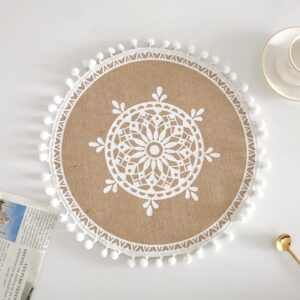 2 Pcs Boho Round Place Mats with Pompom Woven Jute Placemats Rustic Macrame Coasters for Dining Room Kitchen Table Decor Style 4