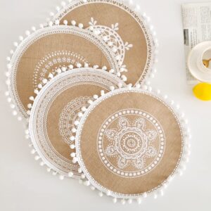 2 Pcs Boho Round Place Mats with Pompom Woven Jute Placemats Rustic Macrame Coasters for Dining Room Kitchen Table Decor Style 4