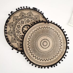 2 Pcs Boho Round Place Mats with Pompom Woven Jute Placemats Rustic Macrame Coasters for Dining Room Kitchen Table Decor Style 4