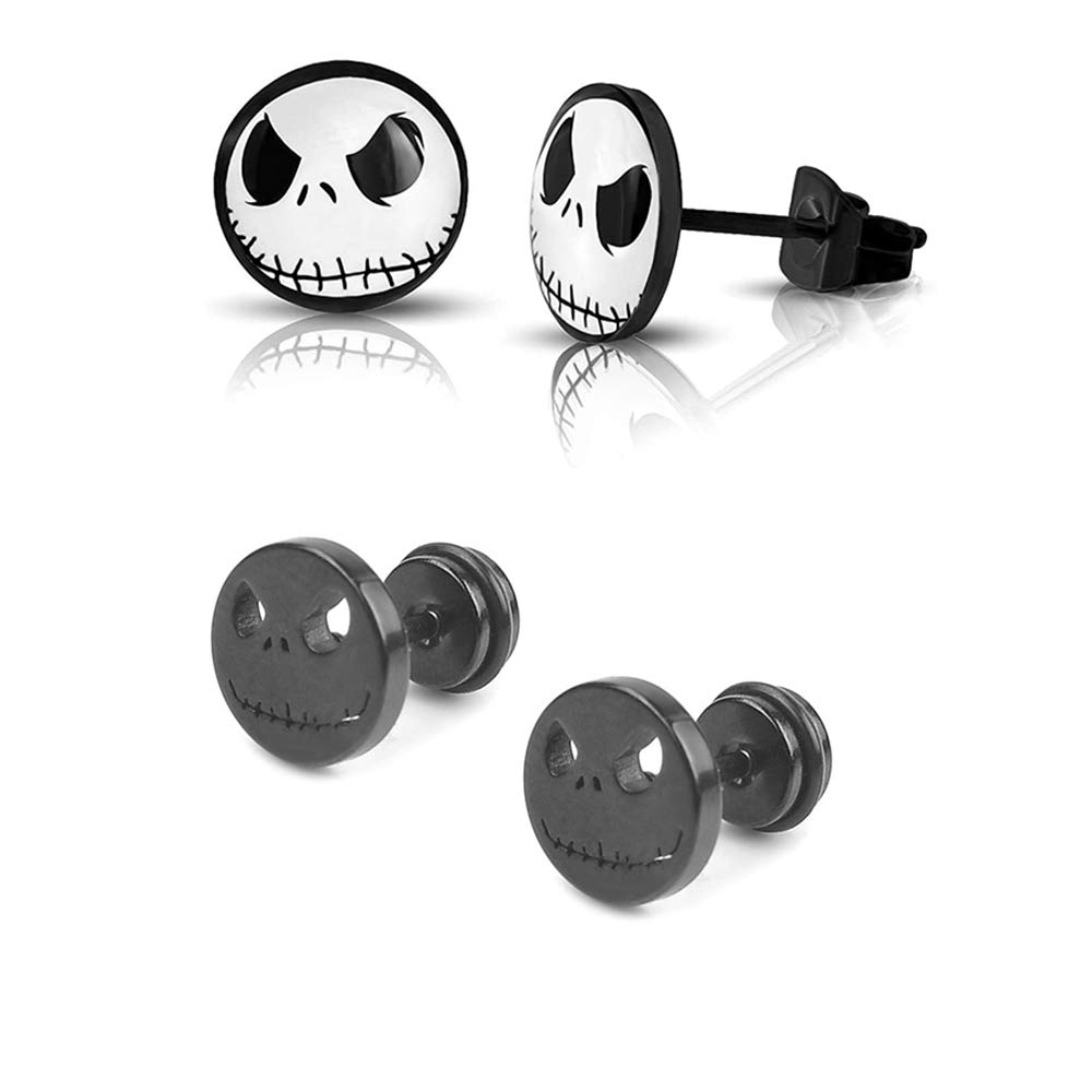 2 Pairs Set Halloween Stud Stainless Steel Jack Skellington Cut-Out Round Circle Button Stud Piercing Jewelry with Jack Skellington Face Post Earrings Add Horror Halloween Atmosphere for Men Unisex(A)