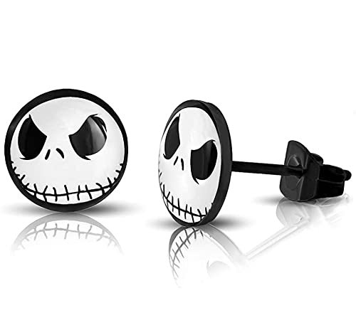 2 Pairs Set Halloween Stud Stainless Steel Jack Skellington Cut-Out Round Circle Button Stud Piercing Jewelry with Jack Skellington Face Post Earrings Add Horror Halloween Atmosphere for Men Unisex(A)