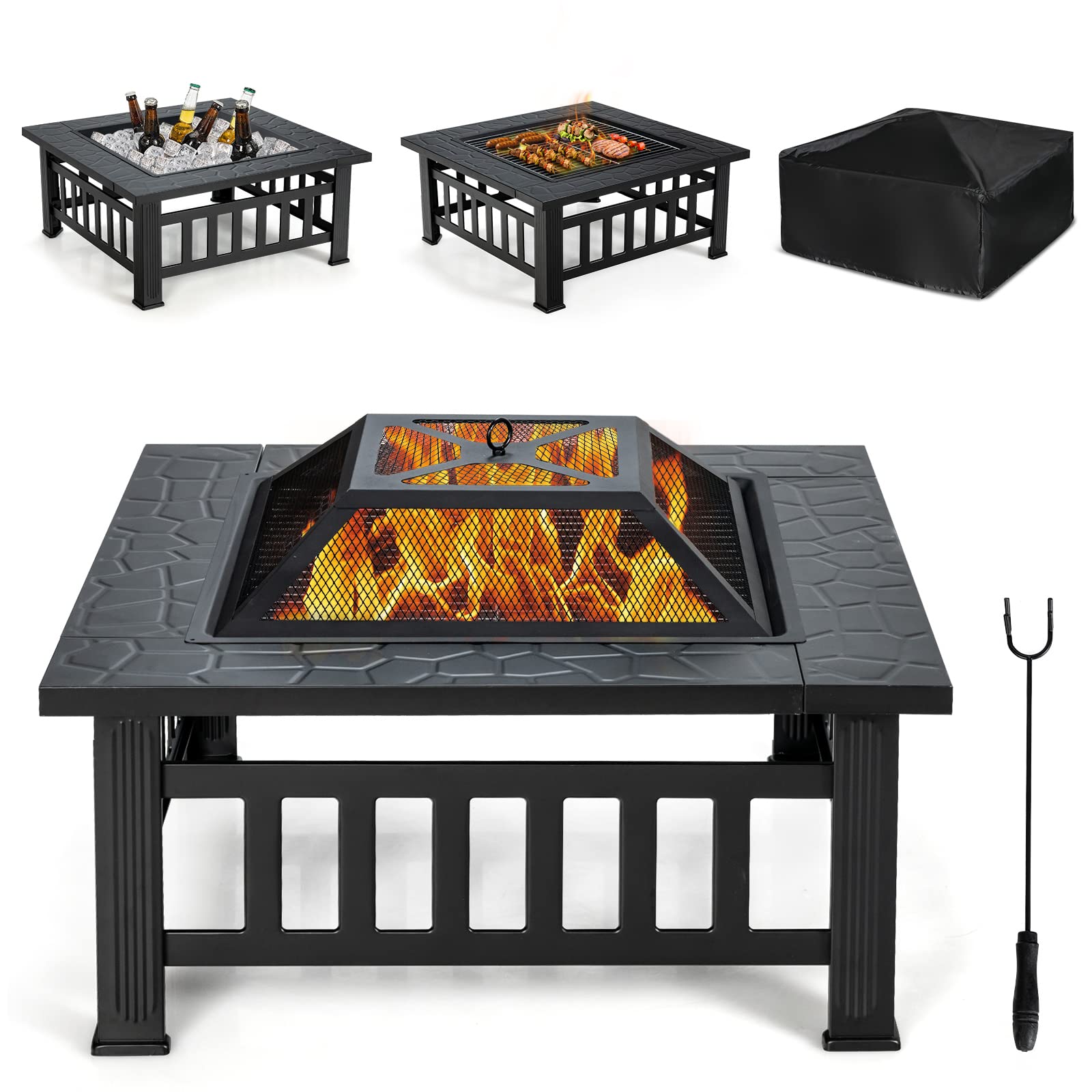 Giantex 32" Outdoor Fire Pit, 3 in 1 Square Wood Burning Fire Table, Multifunctional Firepit for Outside Patio Backyard Porch Garden, Bonfire Stove Fireplace with Rain Cover for Picnic, Camping