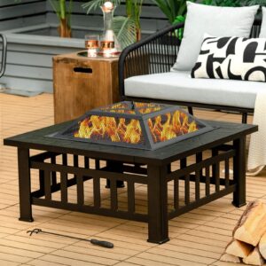 Giantex 32" Outdoor Fire Pit, 3 in 1 Square Wood Burning Fire Table, Multifunctional Firepit for Outside Patio Backyard Porch Garden, Bonfire Stove Fireplace with Rain Cover for Picnic, Camping