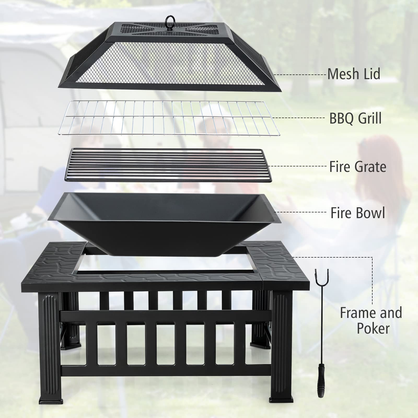 Giantex 32" Outdoor Fire Pit, 3 in 1 Square Wood Burning Fire Table, Multifunctional Firepit for Outside Patio Backyard Porch Garden, Bonfire Stove Fireplace with Rain Cover for Picnic, Camping