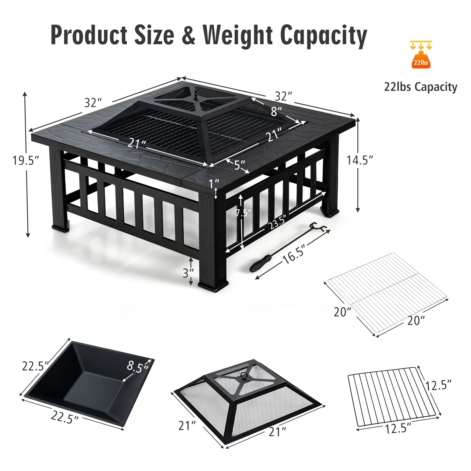 Giantex 32" Outdoor Fire Pit, 3 in 1 Square Wood Burning Fire Table, Multifunctional Firepit for Outside Patio Backyard Porch Garden, Bonfire Stove Fireplace with Rain Cover for Picnic, Camping