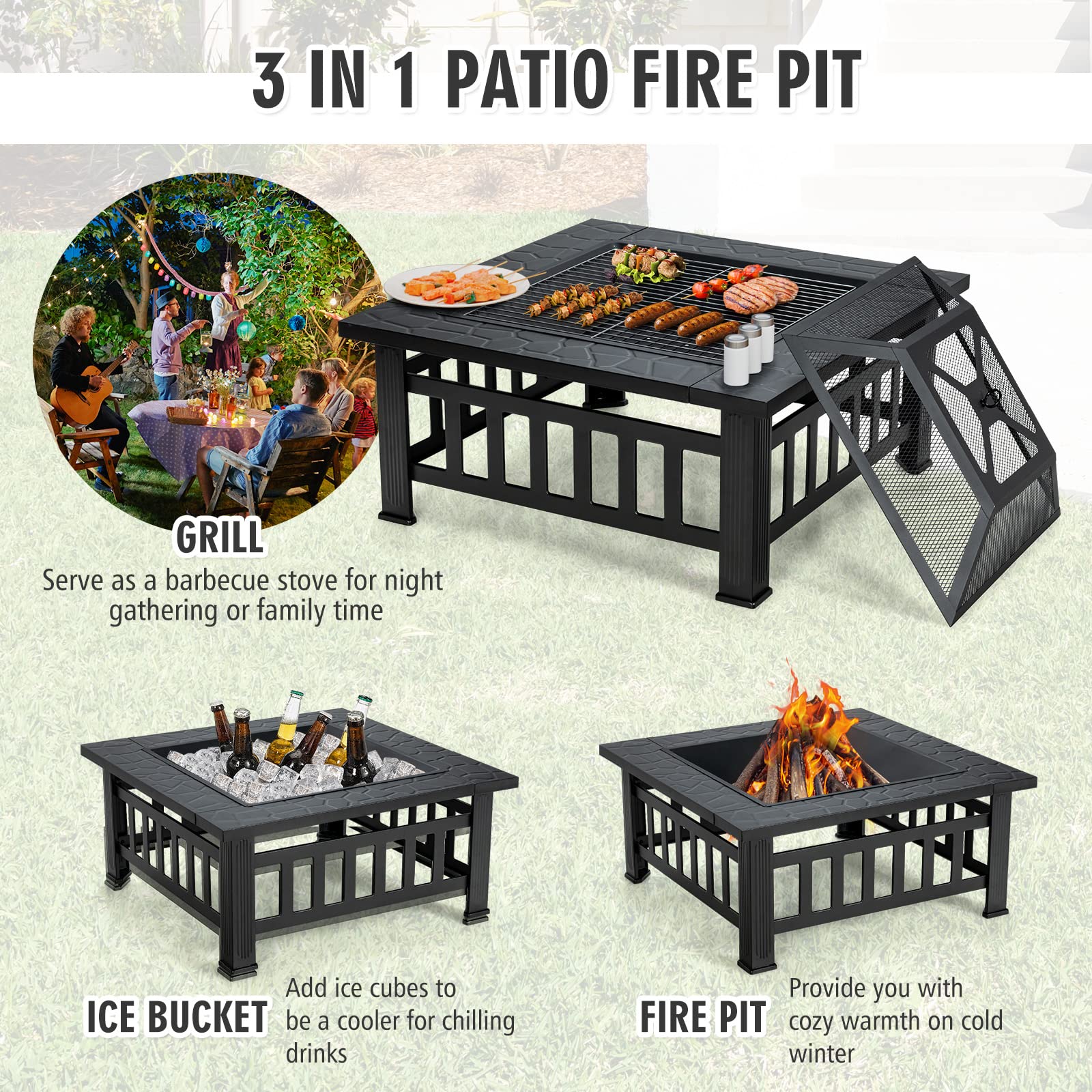 Giantex 32" Outdoor Fire Pit, 3 in 1 Square Wood Burning Fire Table, Multifunctional Firepit for Outside Patio Backyard Porch Garden, Bonfire Stove Fireplace with Rain Cover for Picnic, Camping