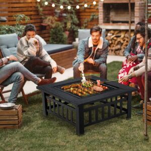 Giantex 32" Outdoor Fire Pit, 3 in 1 Square Wood Burning Fire Table, Multifunctional Firepit for Outside Patio Backyard Porch Garden, Bonfire Stove Fireplace with Rain Cover for Picnic, Camping