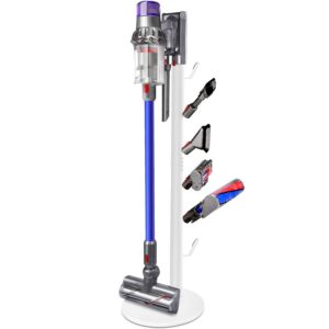 xigoo freestanding vacuum stand holder compatible with v15 detect, v11 v10 v8 v7 v6 cordless vacuum cleaners, floor docking station metal organizer bracket with 6 hooks, white