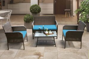 stp-y 4 pieces outdoor patio furniture set all-weather wicker sofa set rattan chair with tempered glass table, cushioned seats conversation sets, blue (color : blue)