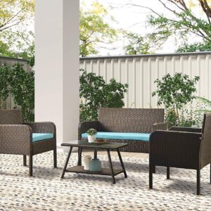 STP-Y 4 Pieces Outdoor Patio Furniture Set All-Weather Wicker Sofa Set Rattan Chair with Tempered Glass Table, Cushioned Seats Conversation Sets, Blue (Color : Blue)