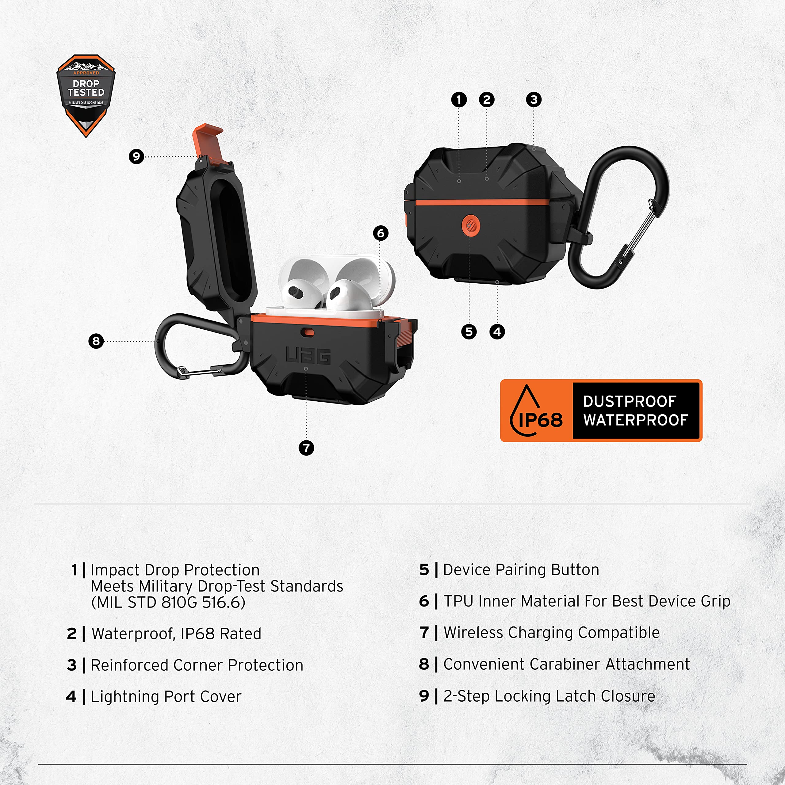 URBAN ARMOR GEAR UAG Designed for AirPod Case Black Orange (3rd Generation, 2021) Durable Protective Soft-Touch Silicone with Detachable Carabiner, Pathfinder