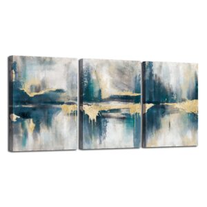 ArtbyHannah Blue and Gold Abstract Canvas Wall Art, 3 Panels Modern Blue Wall Art Decor for Bedroom Bathroom, 12x16 Inch Ready to Hang